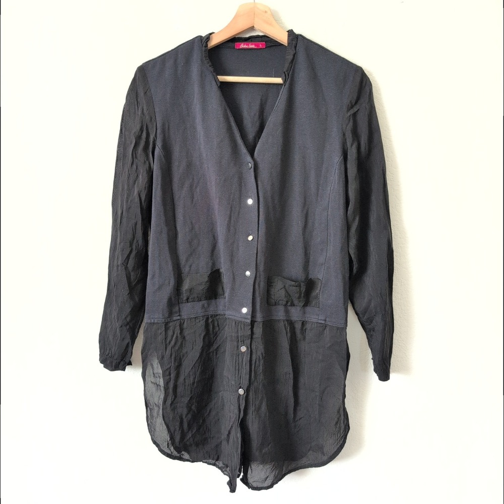 Barbara Lesser Black Mixed Media Sheer Panel Top Tunic Art-To-Wear Womens Large‎